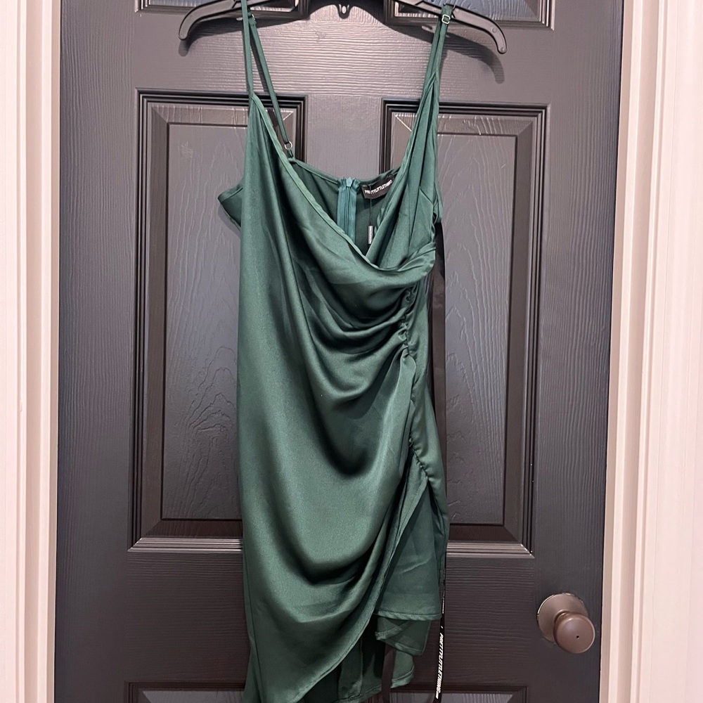 Green Asymmetrical Ruched Mini Dress